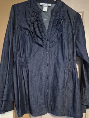 Denim 24/7 Dark Blue Ruffled Button-Down Shirt